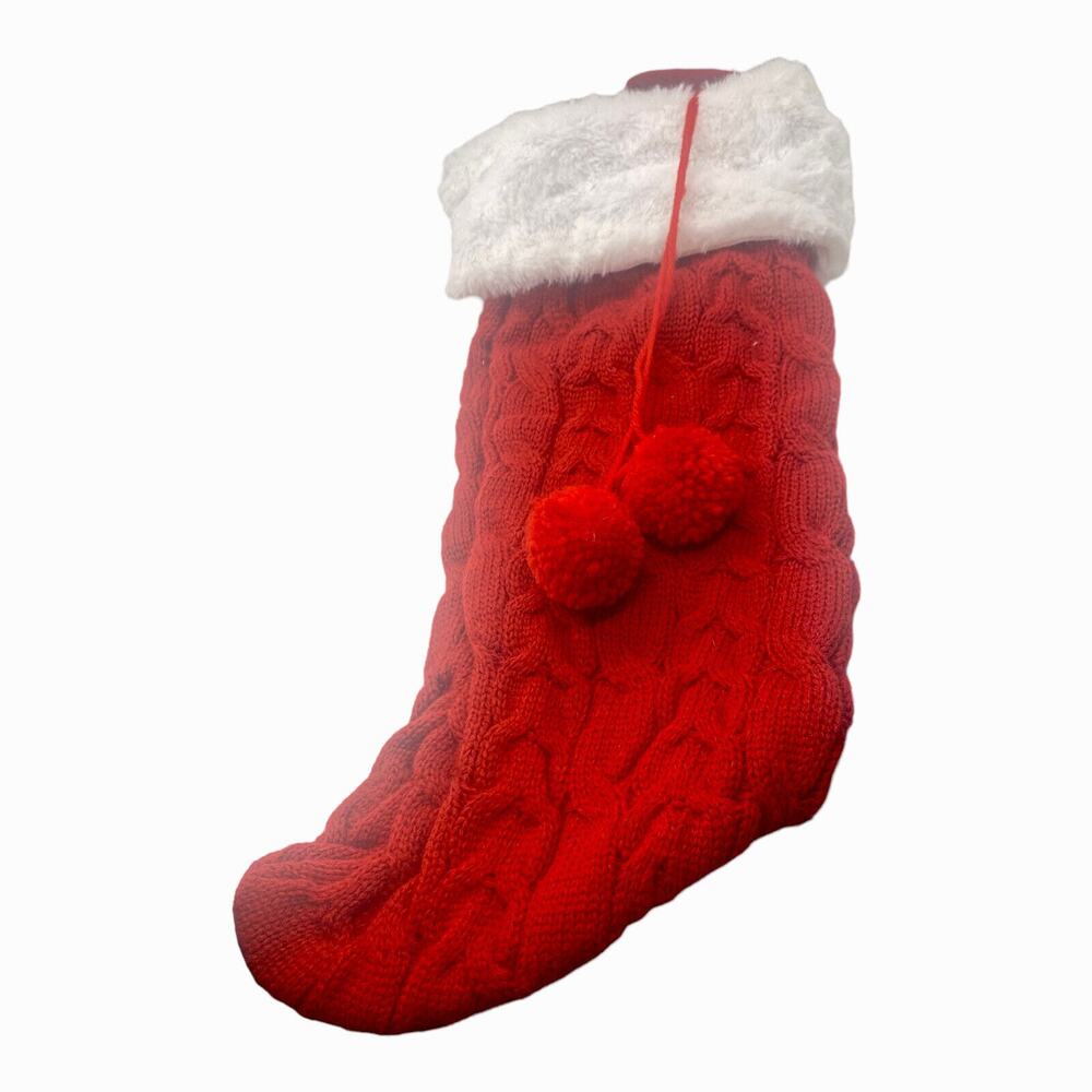 Christmas Stocking Cable Knit Red White Cuff & Red Pom Poms Lined Inside 16”